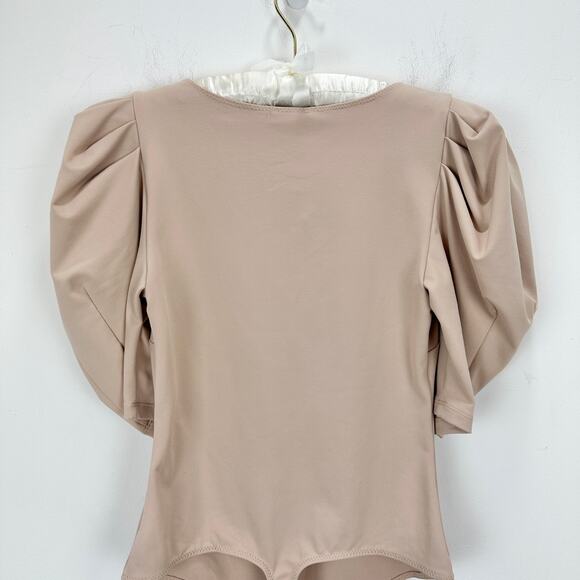 Free People VaVa Voom Bodysuit Taupe Puff Sleeve Basics Stretch Deep V XS NWT - Picture 8 of 11